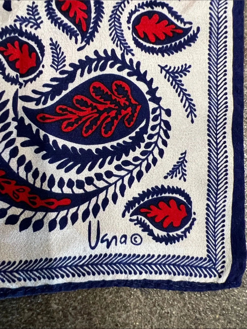 Vintage Vera Neumann Silk Oblong scarf hand rolled red navy paisley design soft